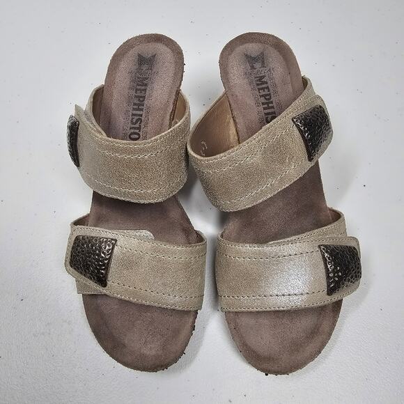 Mephisto Taupe Double Strap Wedge Heel Slides Size EU 37/ US 7 - Picture 2 of 12